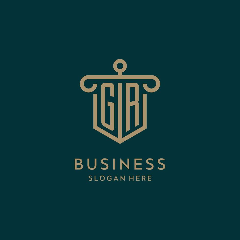 GR monogram initial logo design with shield and pillar shape style vector