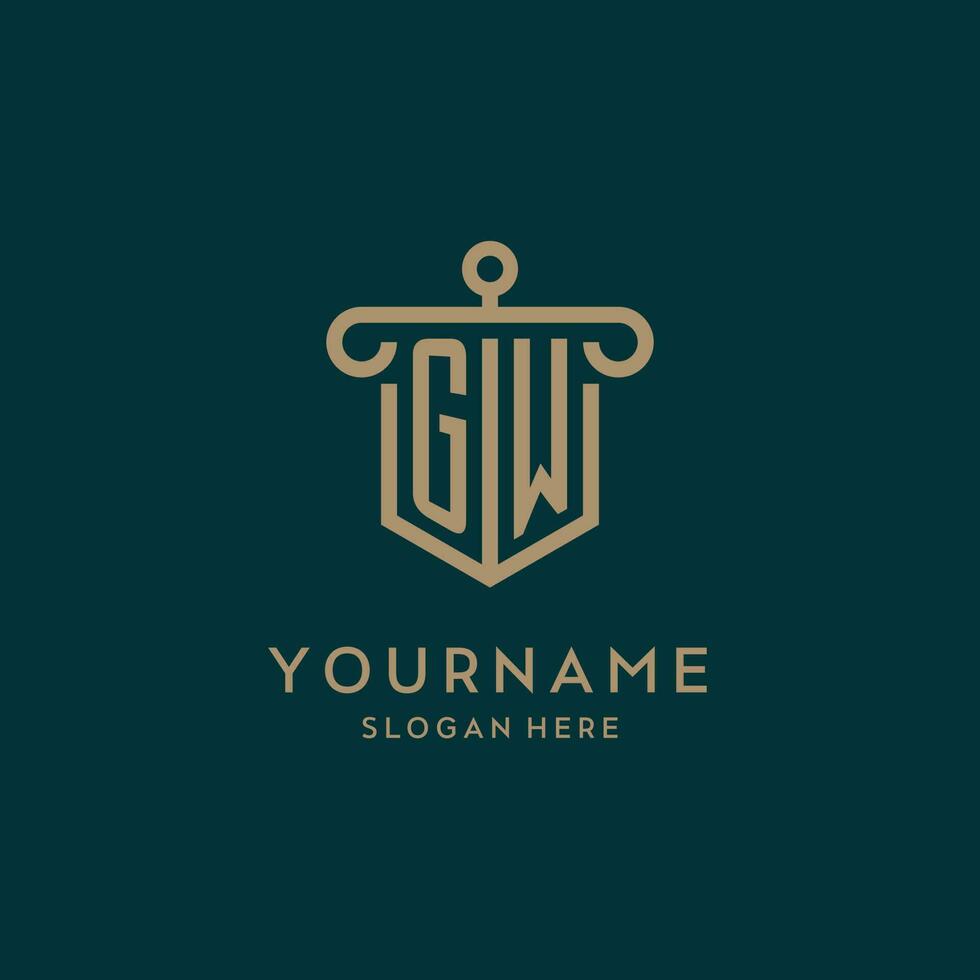 GW monogram initial logo design with shield and pillar shape style vector