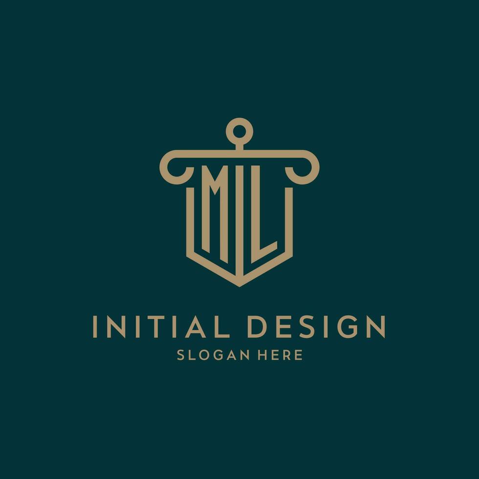 ML monogram initial logo design with shield and pillar shape style vector