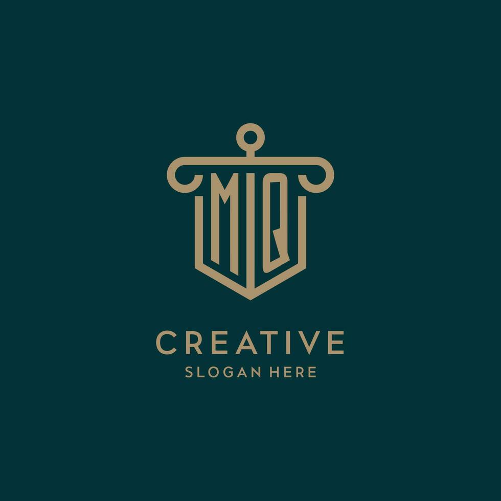 MQ monogram initial logo design with shield and pillar shape style vector