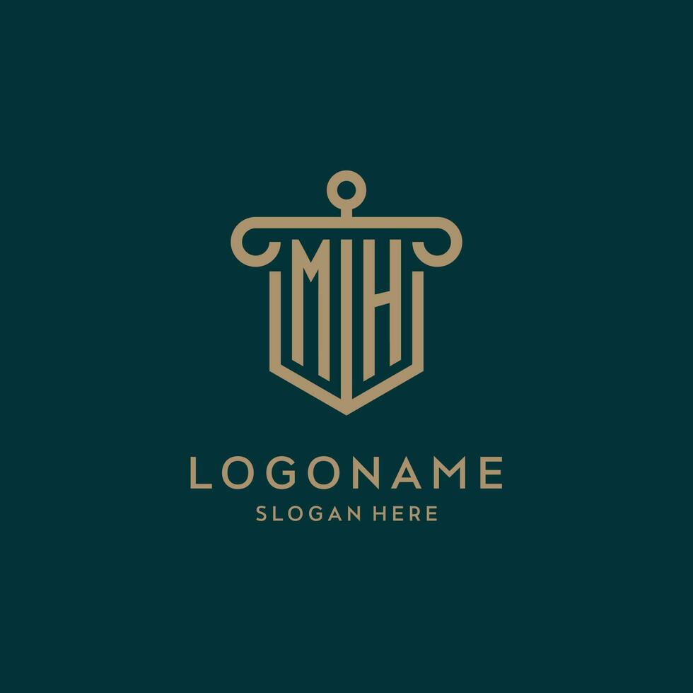 MH monogram initial logo design with shield and pillar shape style vector