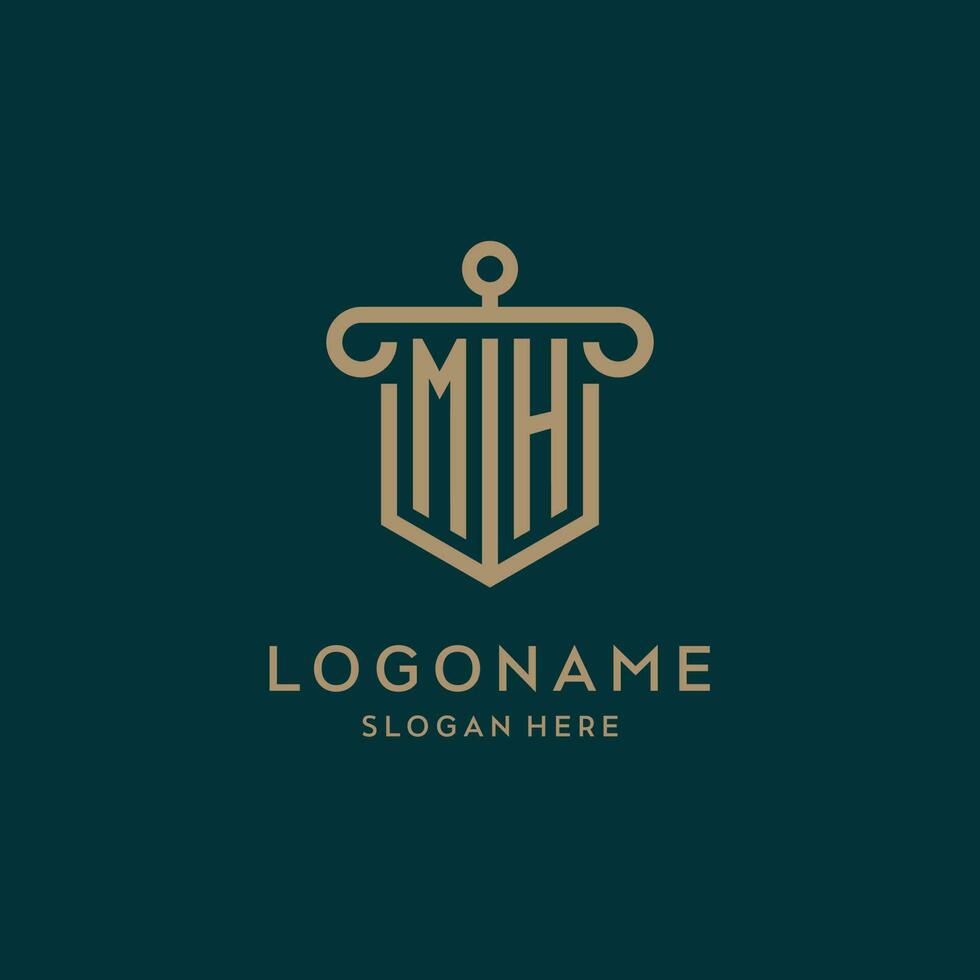 MH monogram initial logo design with shield and pillar shape style vector