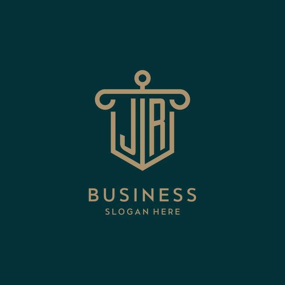 JR monogram initial logo design with shield and pillar shape style vector