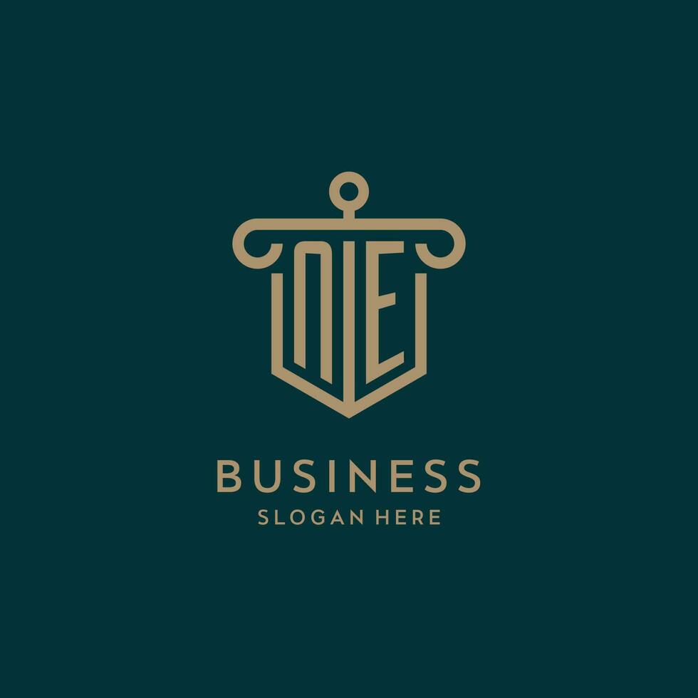 NE monogram initial logo design with shield and pillar shape style vector