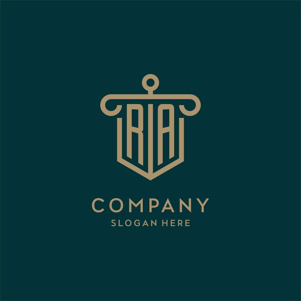 RA monogram initial logo design with shield and pillar shape style vector