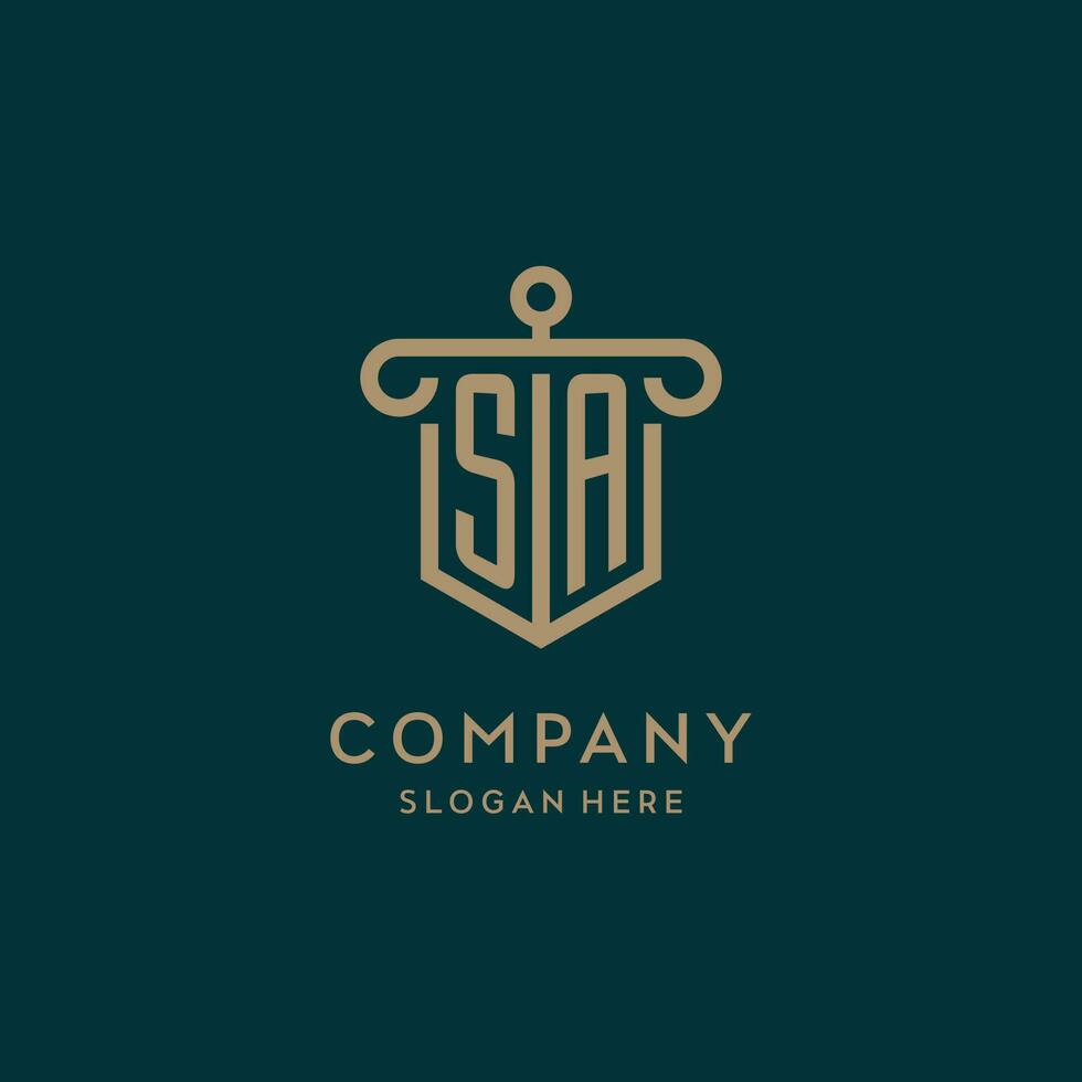 SA monogram initial logo design with shield and pillar shape style vector