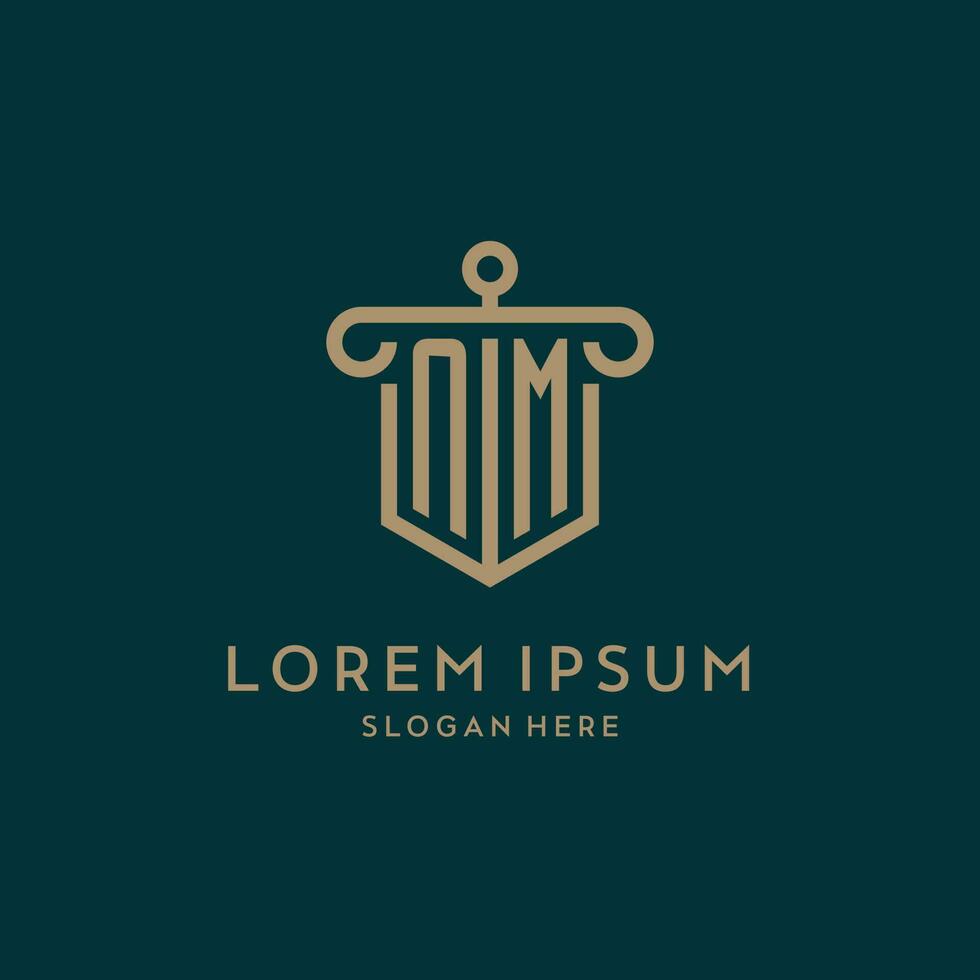 NM monogram initial logo design with shield and pillar shape style vector