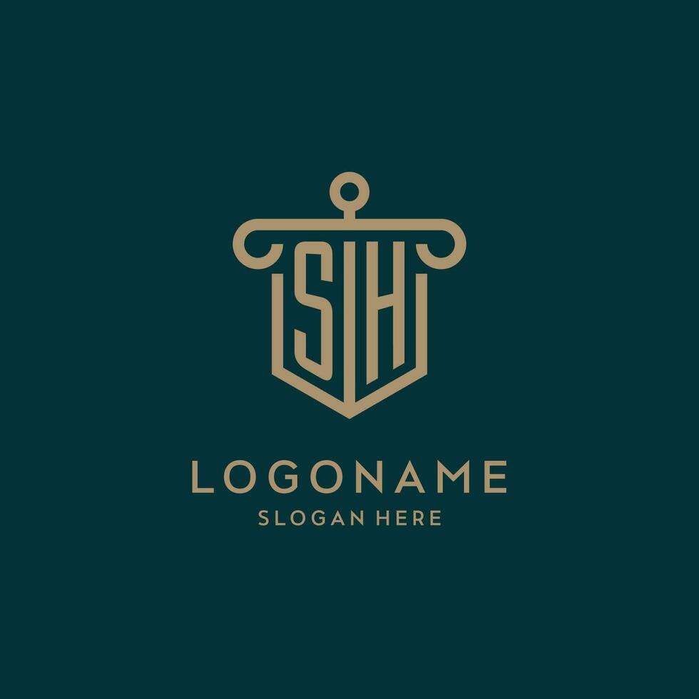 SH monogram initial logo design with shield and pillar shape style vector