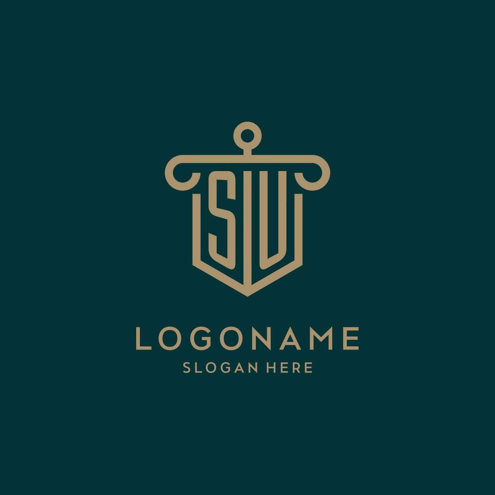 SU monogram initial logo design with shield and pillar shape style vector