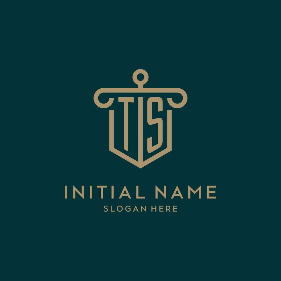 TS monogram initial logo design with shield and pillar shape style vector