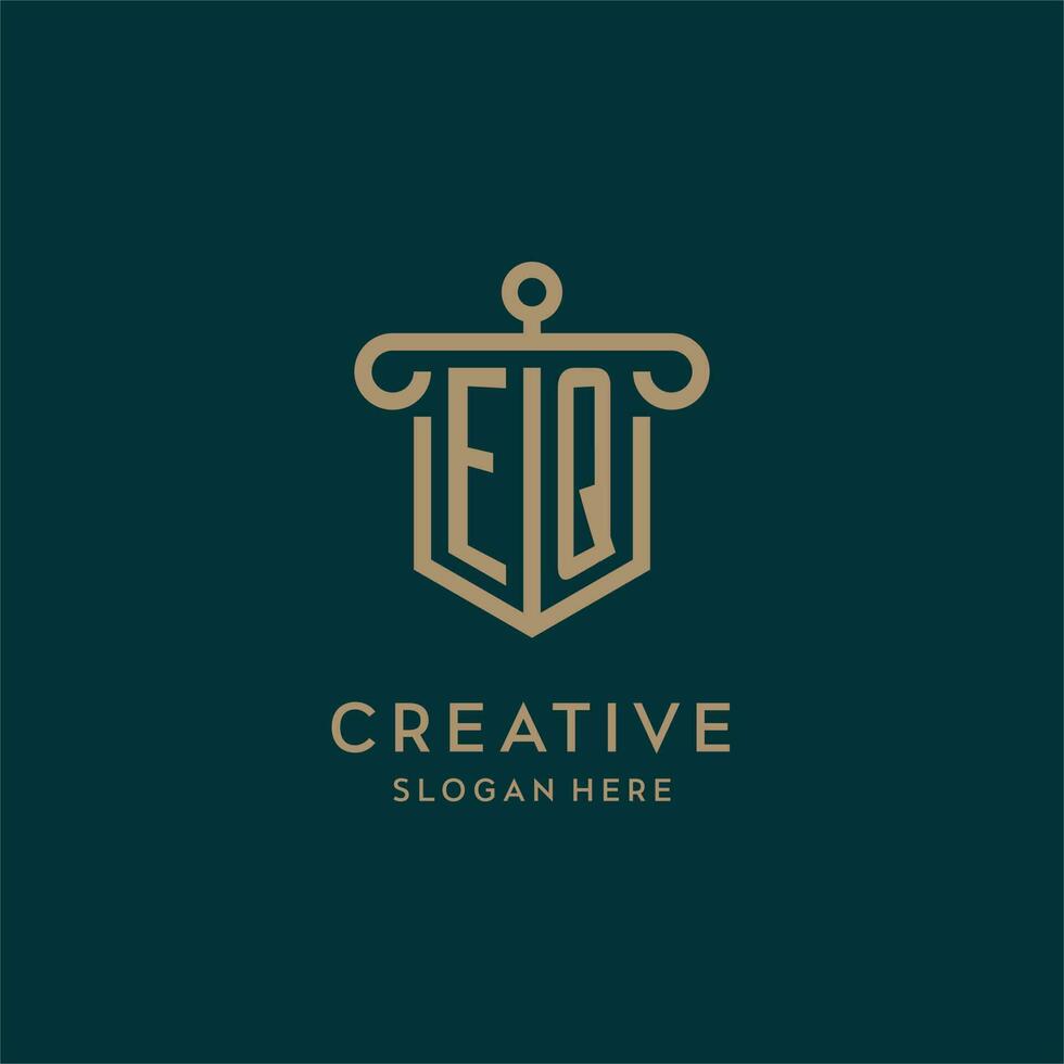 EQ monogram initial logo design with shield and pillar shape style vector
