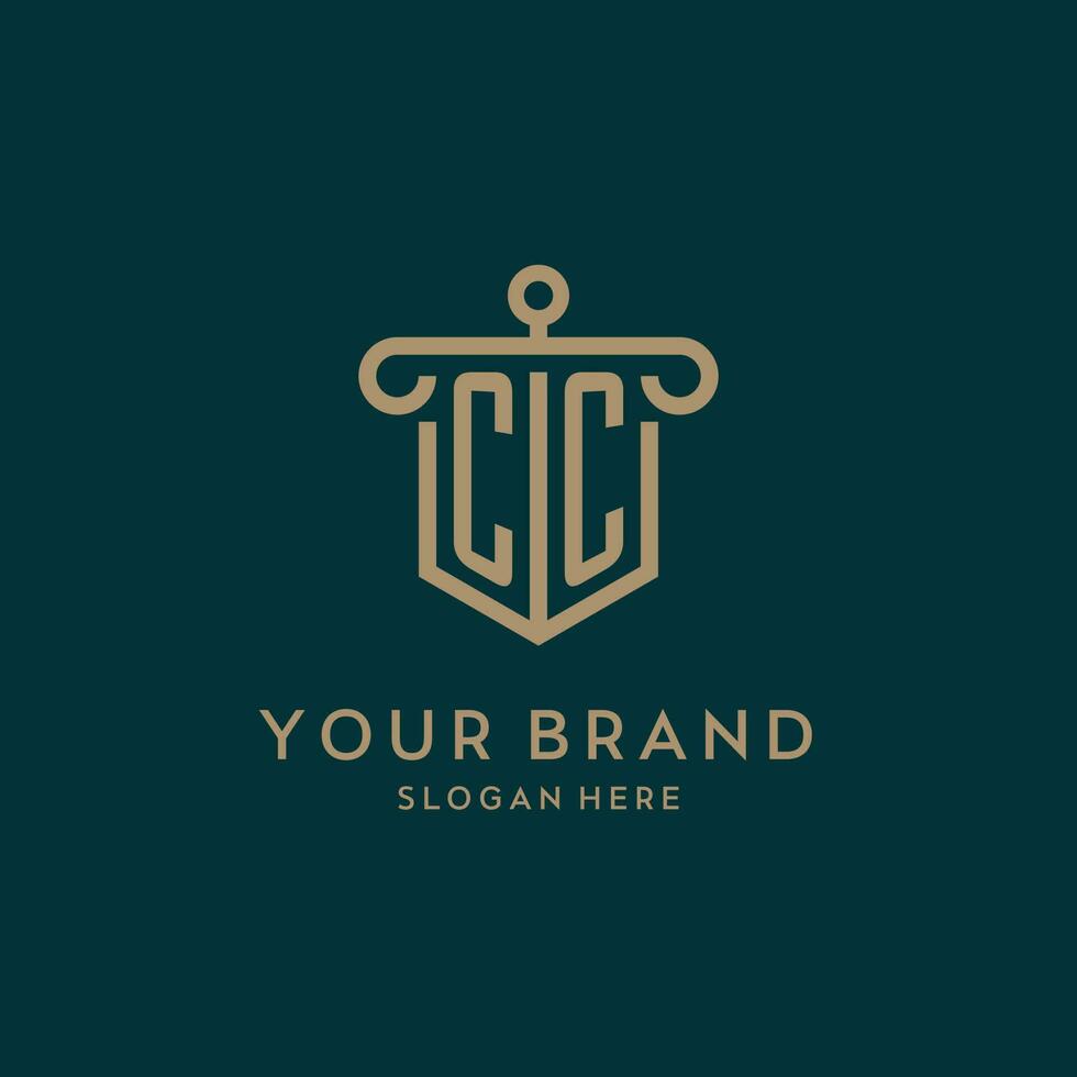 CC monogram initial logo design with shield and pillar shape style vector