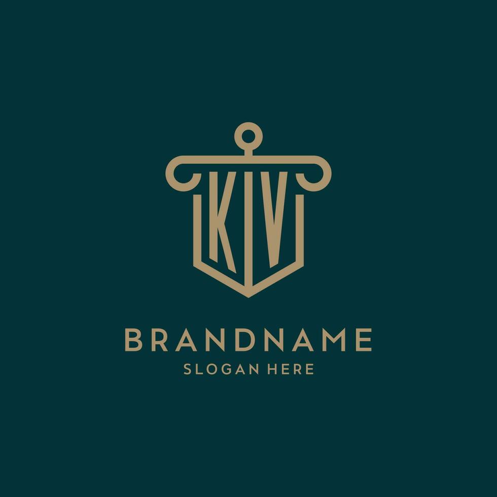 KV monogram initial logo design with shield and pillar shape style vector