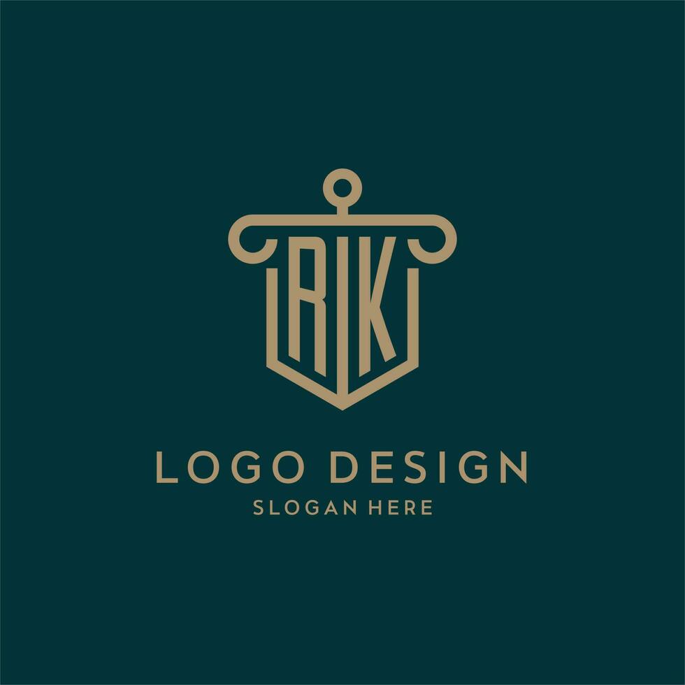 RK monogram initial logo design with shield and pillar shape style vector