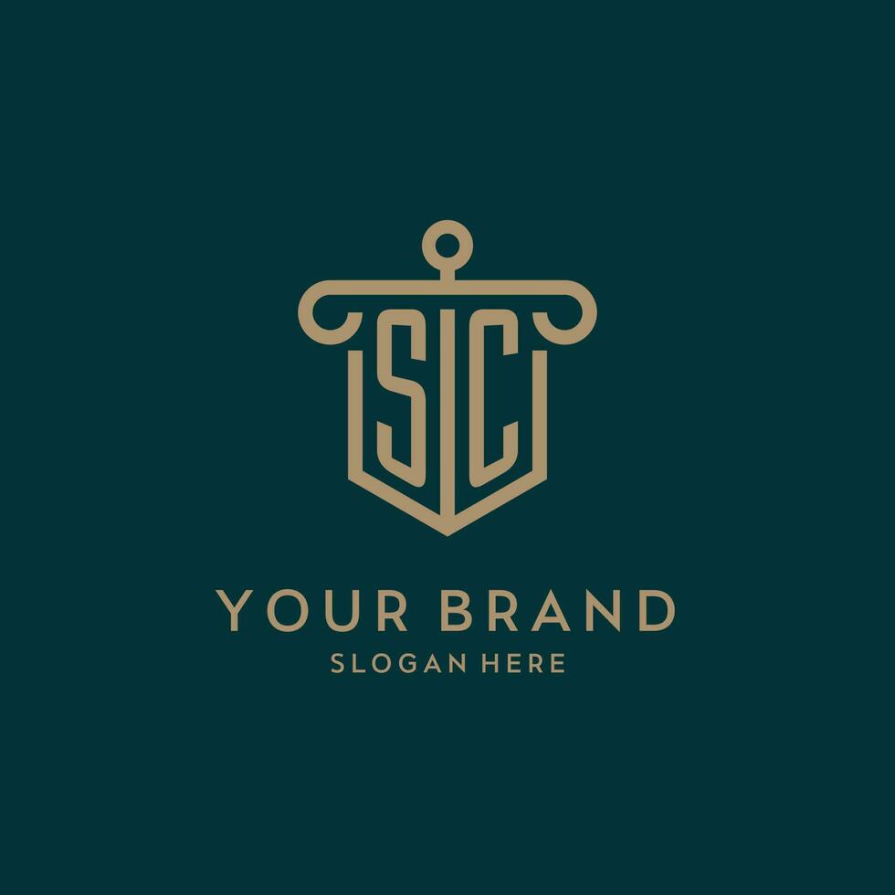 SC monogram initial logo design with shield and pillar shape style vector