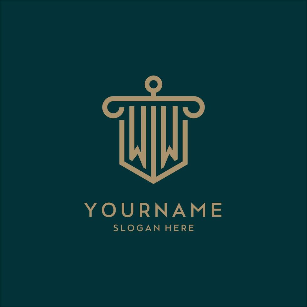 WW monogram initial logo design with shield and pillar shape style vector
