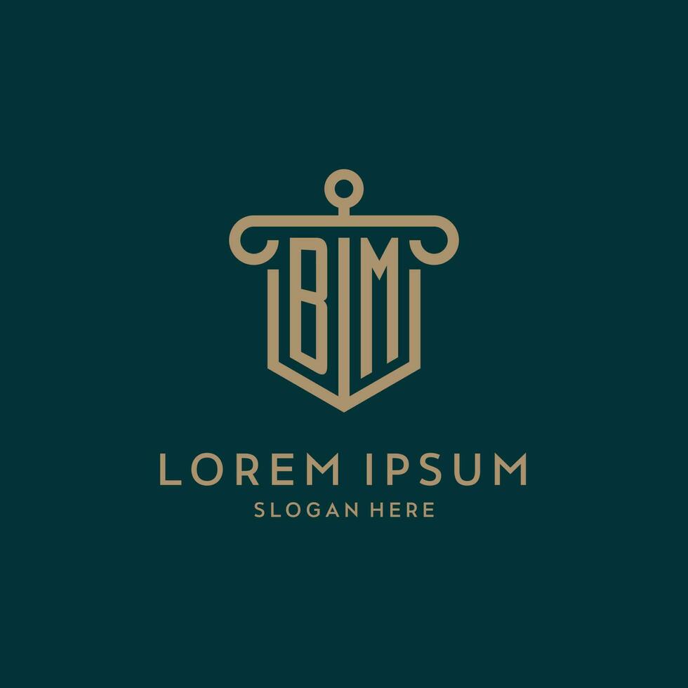 BM monogram initial logo design with shield and pillar shape style vector