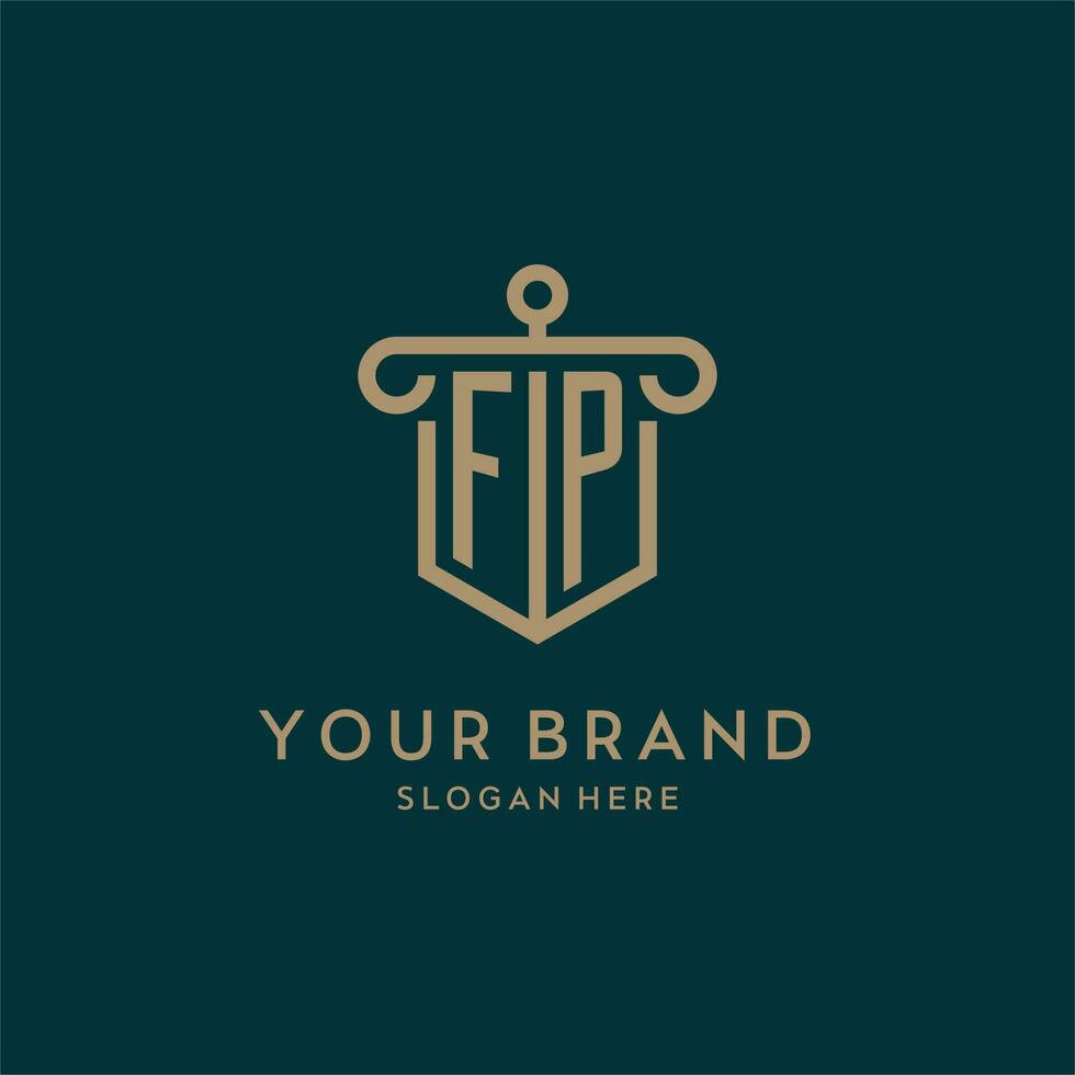 FP monogram initial logo design with shield and pillar shape style vector