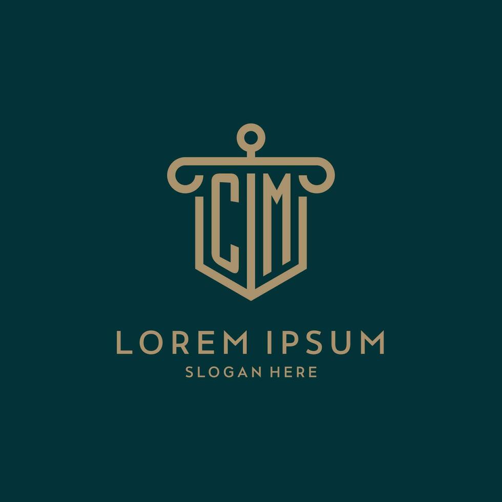 CM monogram initial logo design with shield and pillar shape style vector