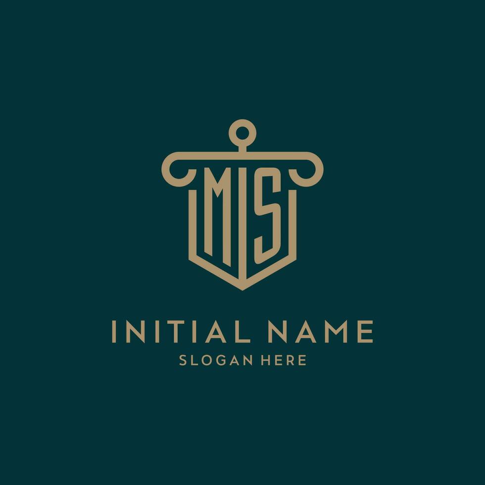 MS monogram initial logo design with shield and pillar shape style vector