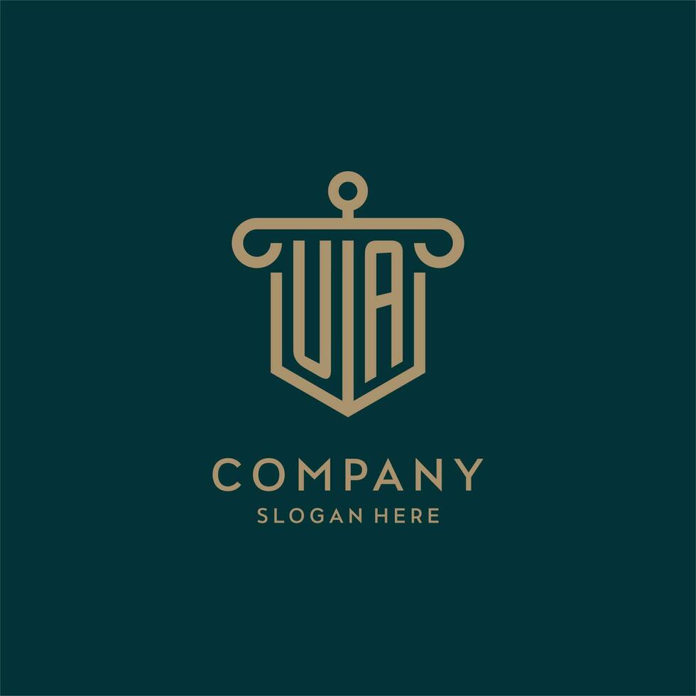 UA monogram initial logo design with shield and pillar shape style vector