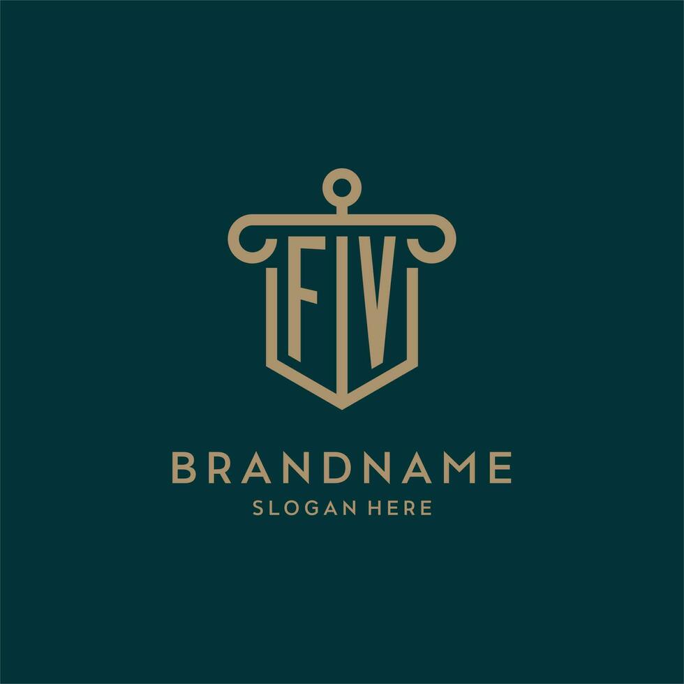 FV monogram initial logo design with shield and pillar shape style vector