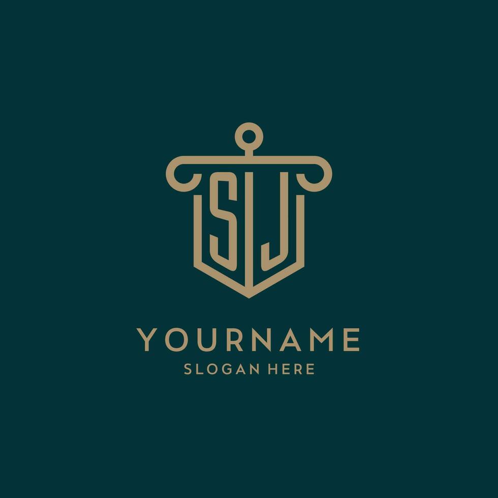 SJ monogram initial logo design with shield and pillar shape style vector