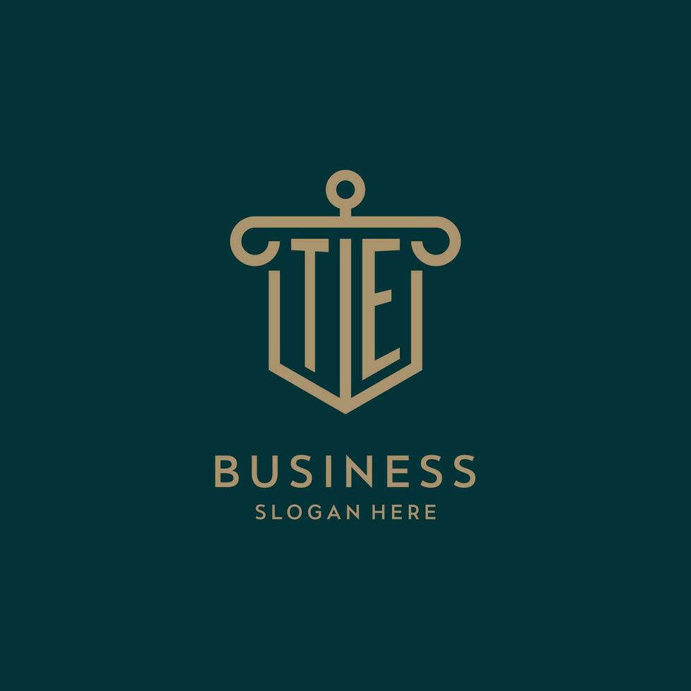 TE monogram initial logo design with shield and pillar shape style vector
