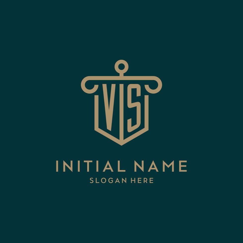 VS monogram initial logo design with shield and pillar shape style vector