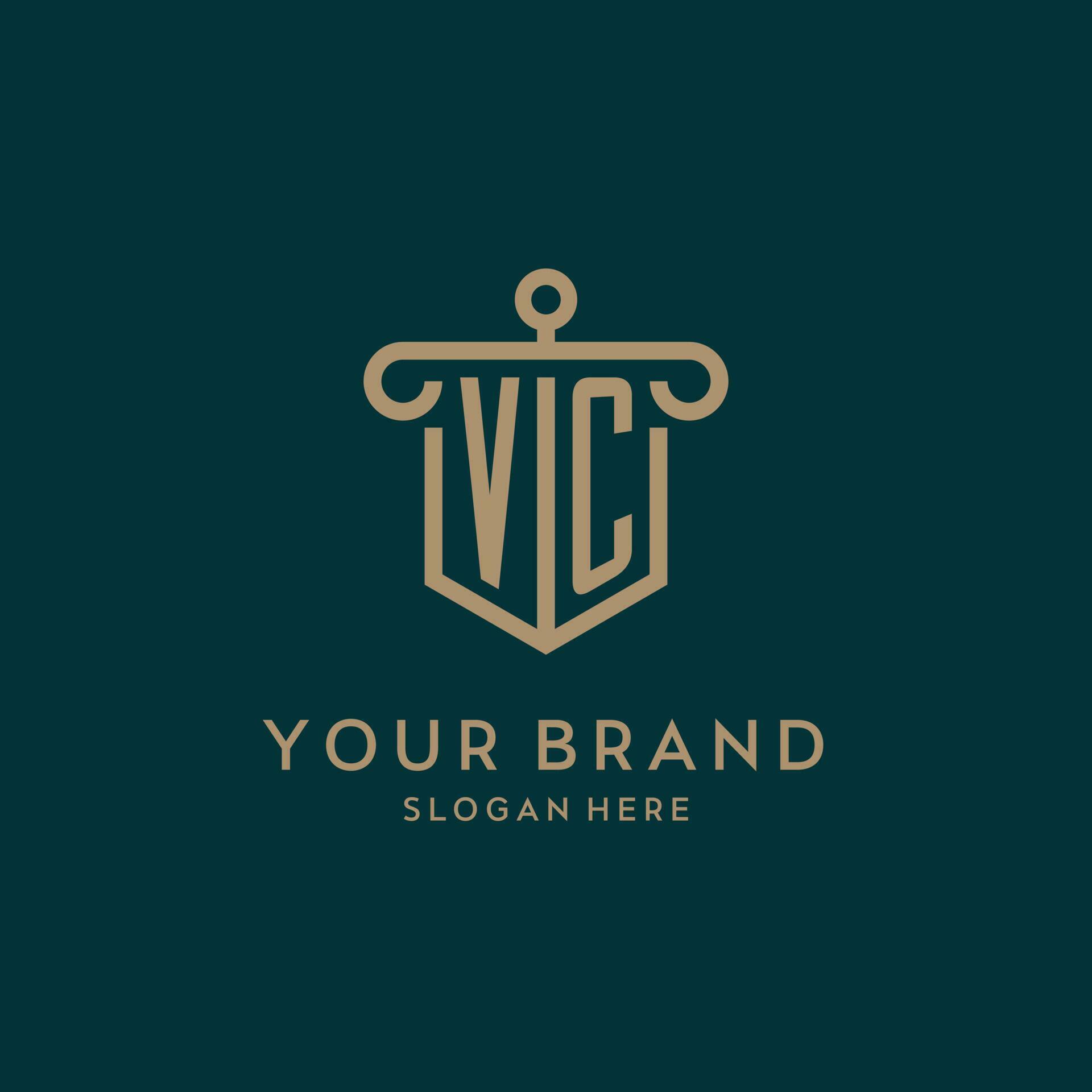 VC monogram initial logo design with shield and pillar shape style ...