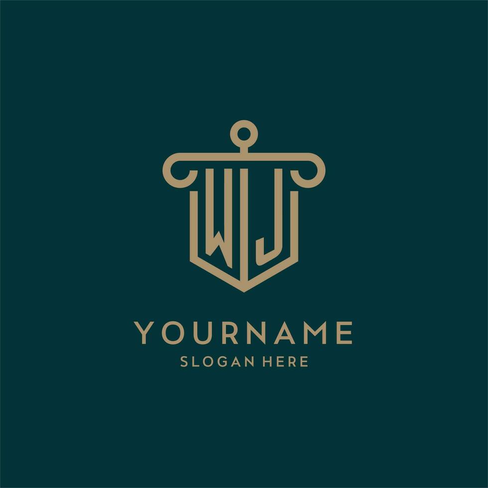 WJ monogram initial logo design with shield and pillar shape style vector