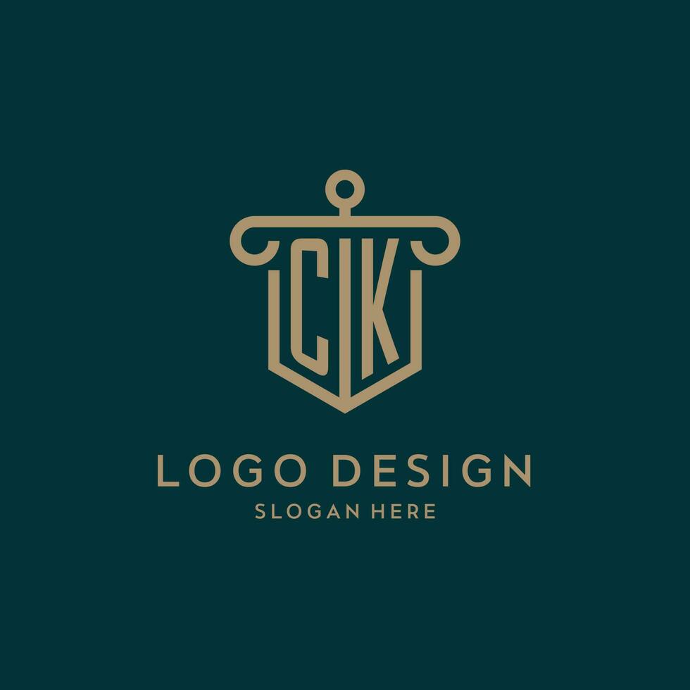 CK monogram initial logo design with shield and pillar shape style vector