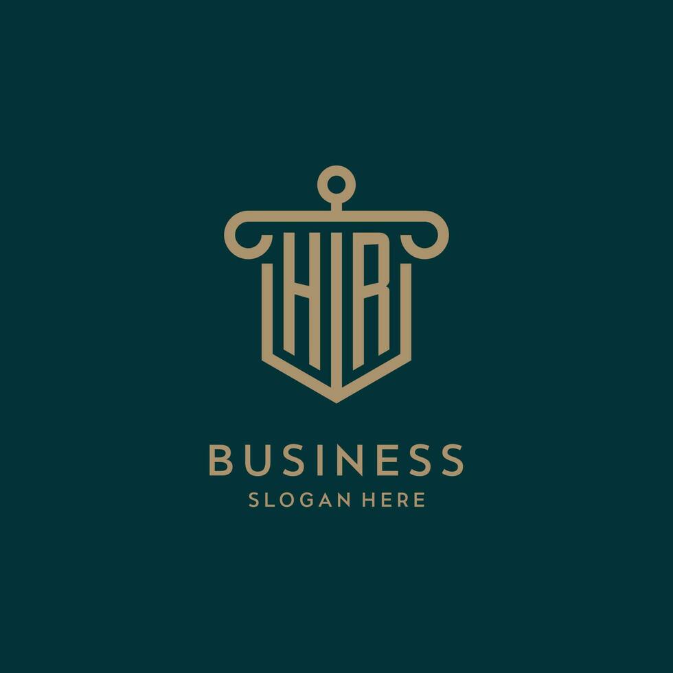 HR monogram initial logo design with shield and pillar shape style vector