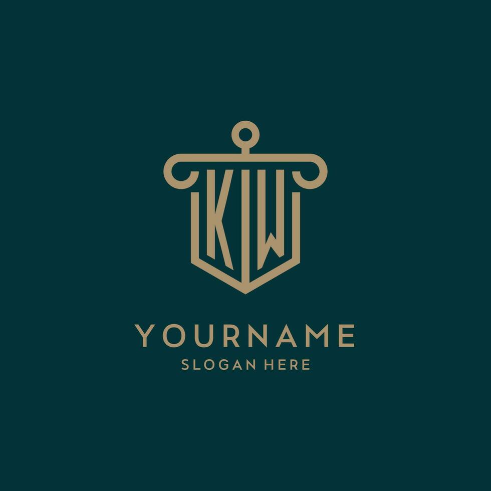 KW monogram initial logo design with shield and pillar shape style vector