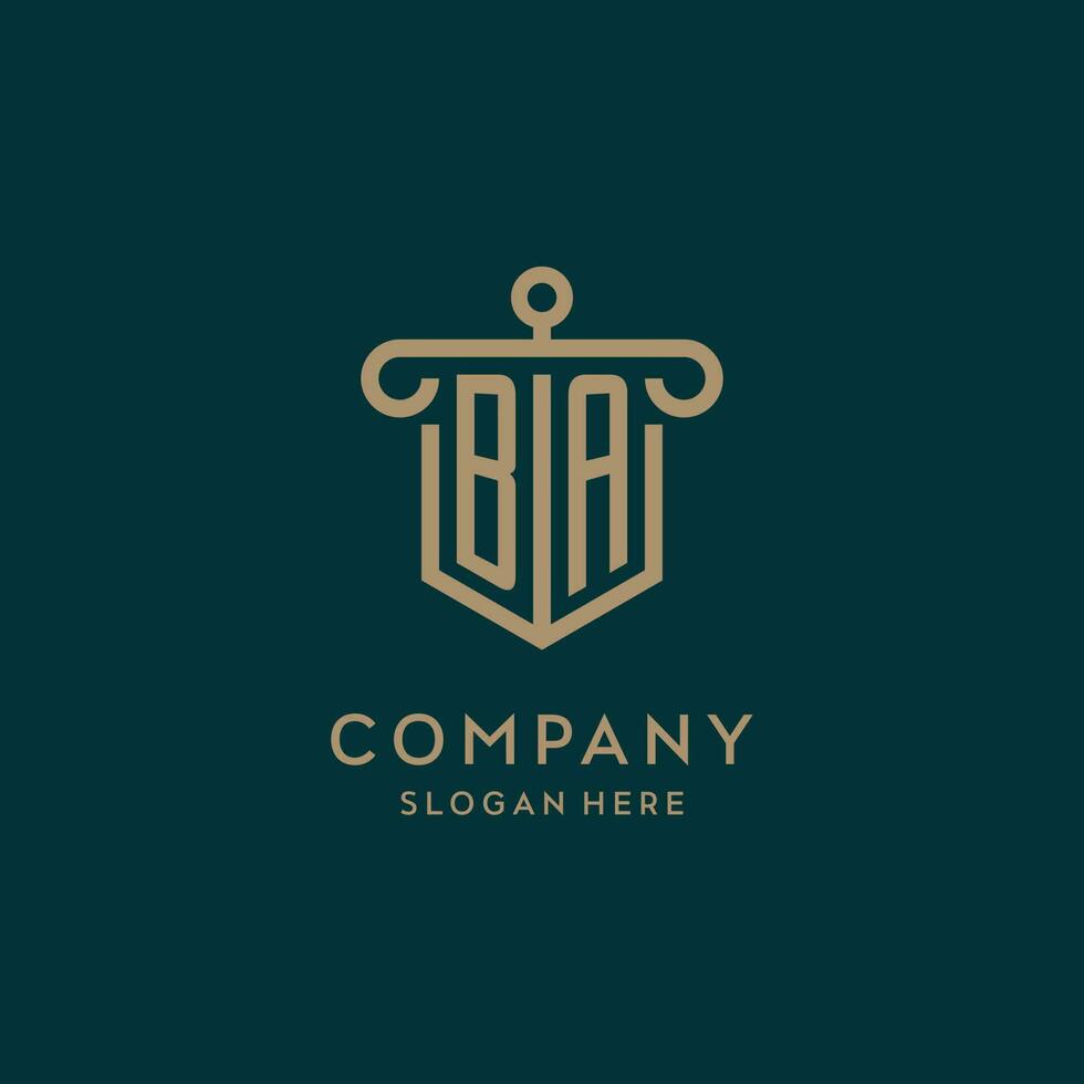 BA monogram initial logo design with shield and pillar shape style vector