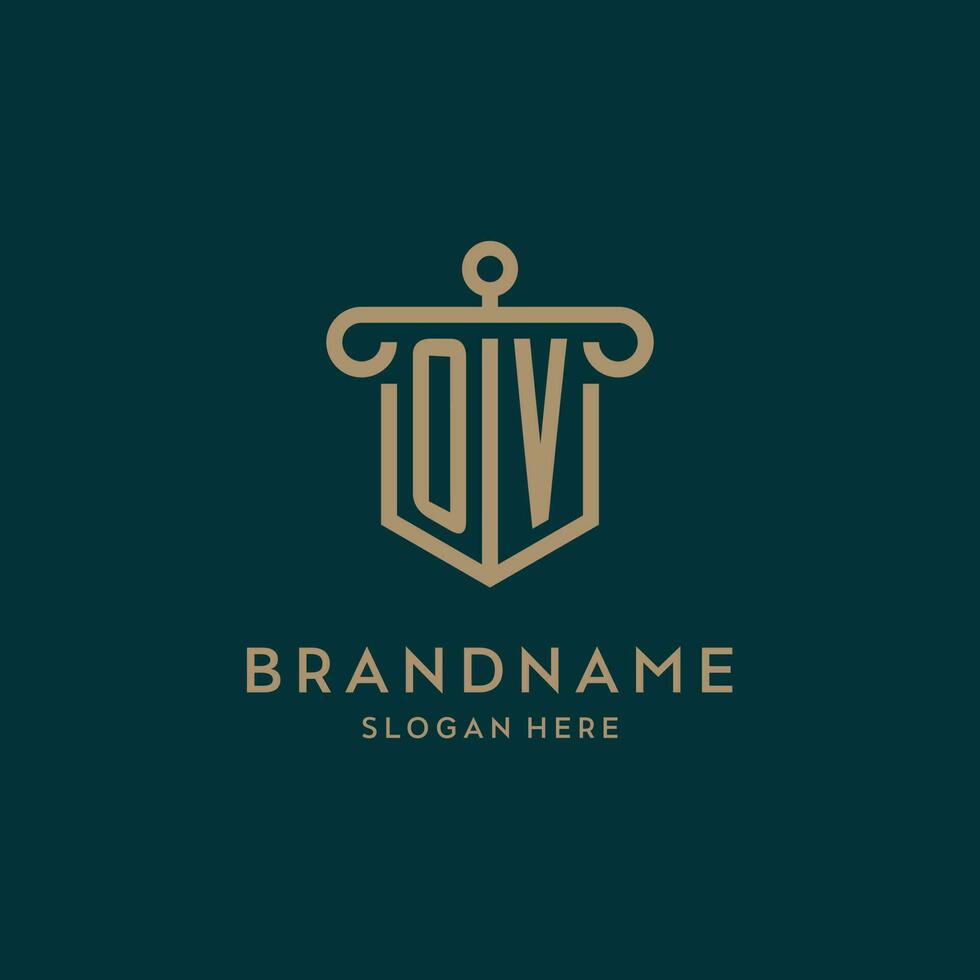 OV monogram initial logo design with shield and pillar shape style vector