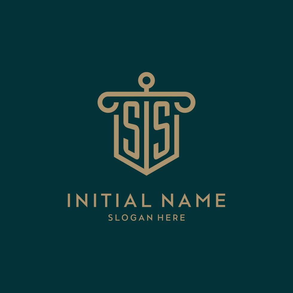 SS monogram initial logo design with shield and pillar shape style vector