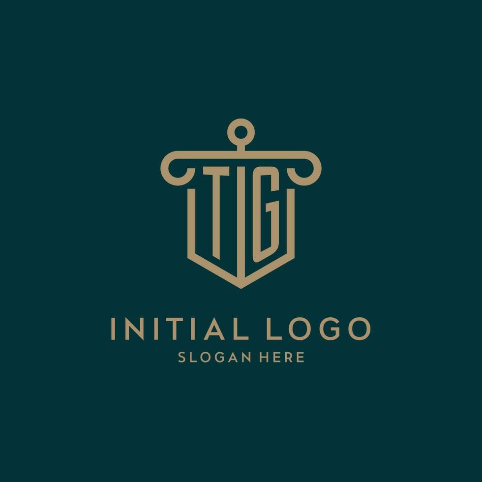 tg monograma inicial logo diseño con proteger y pilar forma estilo vector