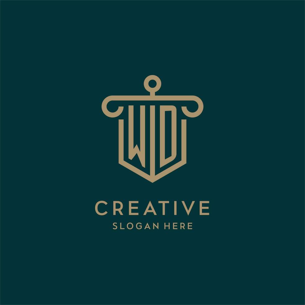 WD monogram initial logo design with shield and pillar shape style vector