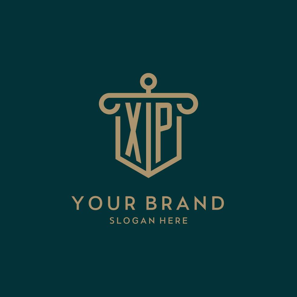 XP monogram initial logo design with shield and pillar shape style vector