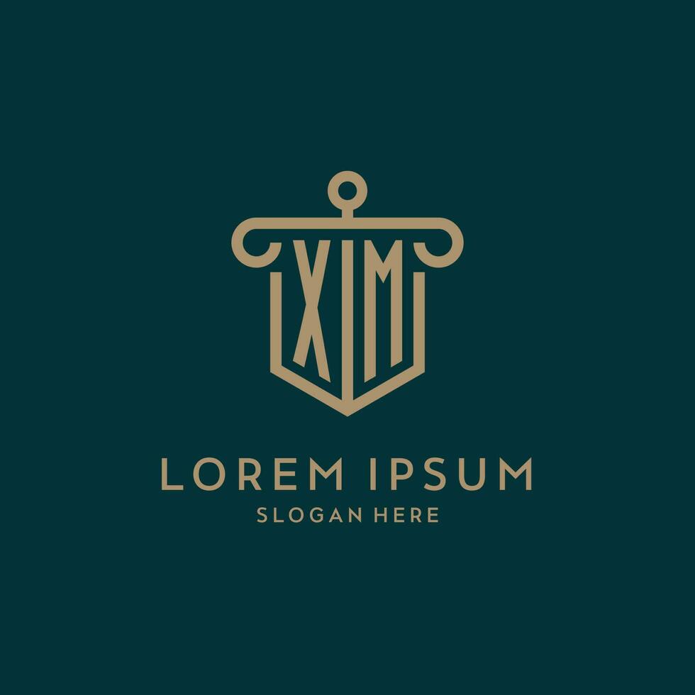 XM monogram initial logo design with shield and pillar shape style vector