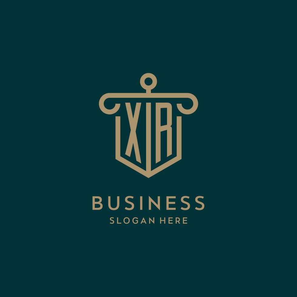XR monogram initial logo design with shield and pillar shape style vector