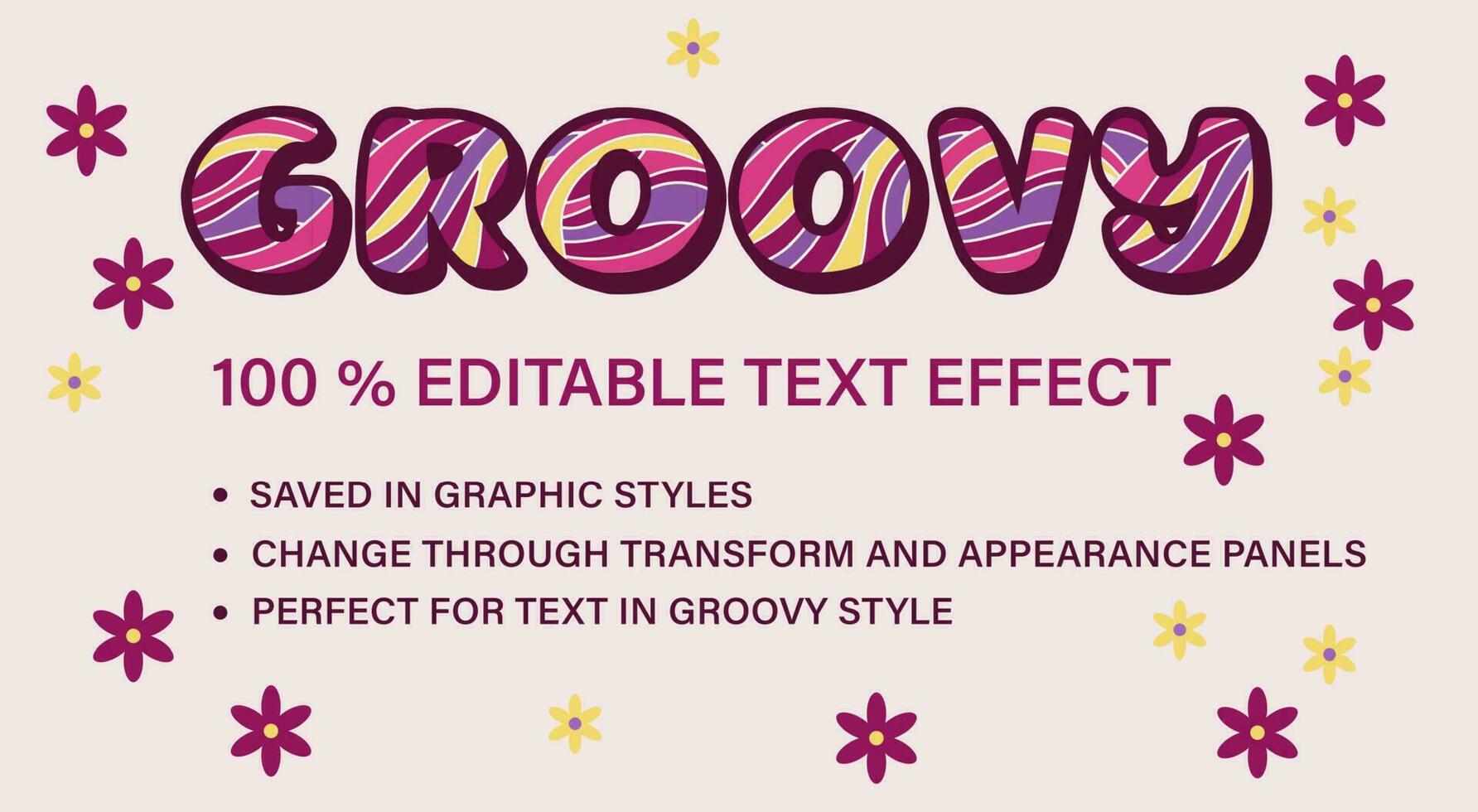 Groovy editable text effect in vintage style. Volumetric letters with psychedelic waves. Retro typographic graphic style. Good for hippie style of 60s, 70s For poster, header design vector