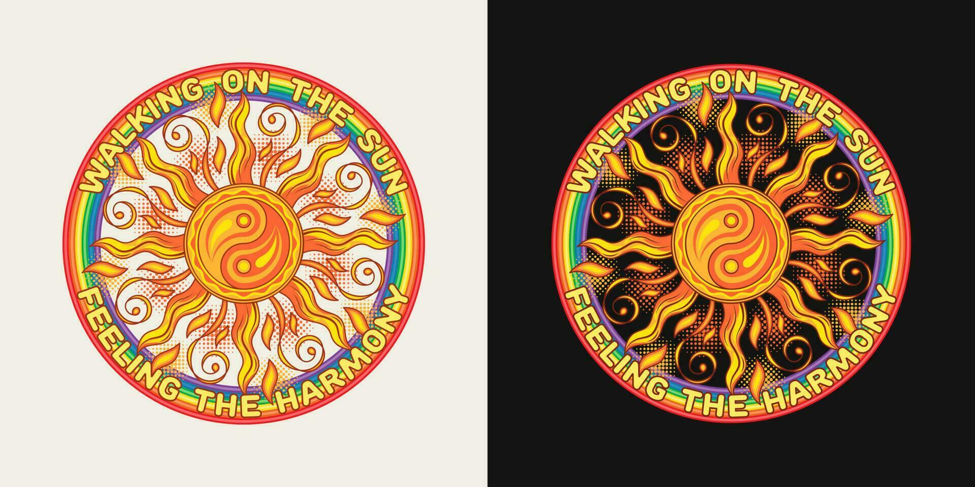 Circular label with sun, ying yang symbol, rainbow, text. Concept of harmony and balance. Groovy, hippie style. For clothing, apparel, T-shirts, surface decoration vector