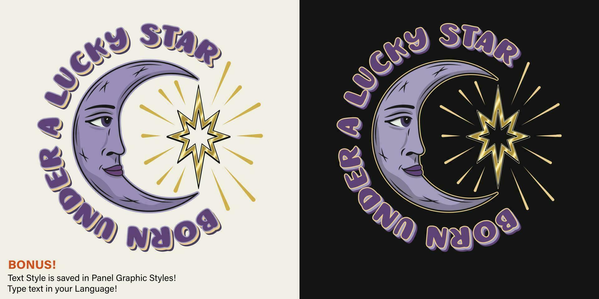 Label with crescent moon with face in profile, star, text. Mythological faitytale symbol Groovy, hippie style. For clothing, apparel, T-shirts, surface decoration, kids design Retro style illustration vector