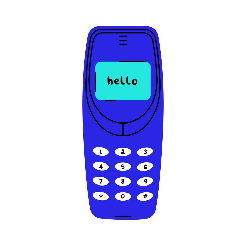 Retro phone with physical numeric keypads. 1990s mobile. Flat vector illustration.