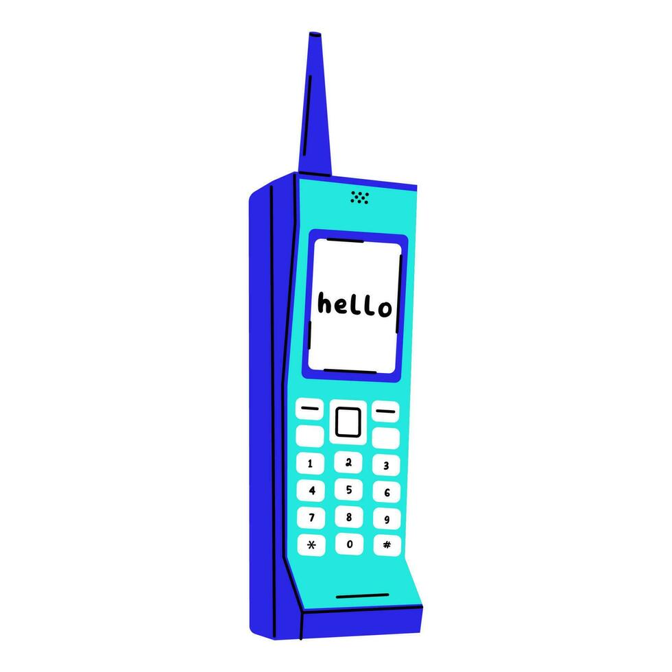 Retro phone with physical numeric keypads and retractable antenna. 1990s mobile. Flat vector illustration.