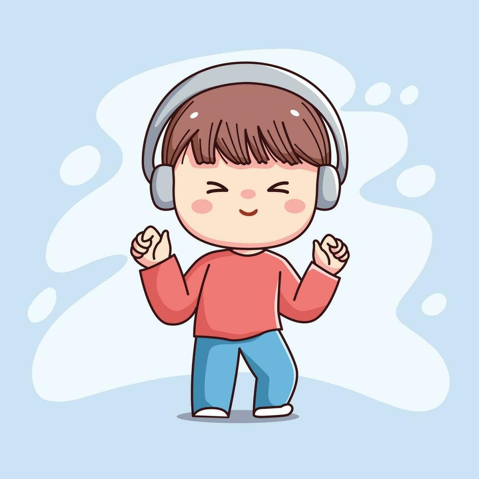 linda contento chico con auricular escuchando música kawaii chibi plano contorno dibujos animados personaje vector