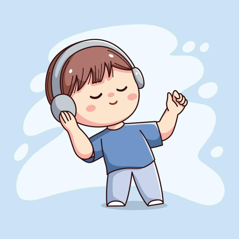 linda contento chico con auricular escuchando música kawaii chibi plano contorno dibujos animados personaje vector