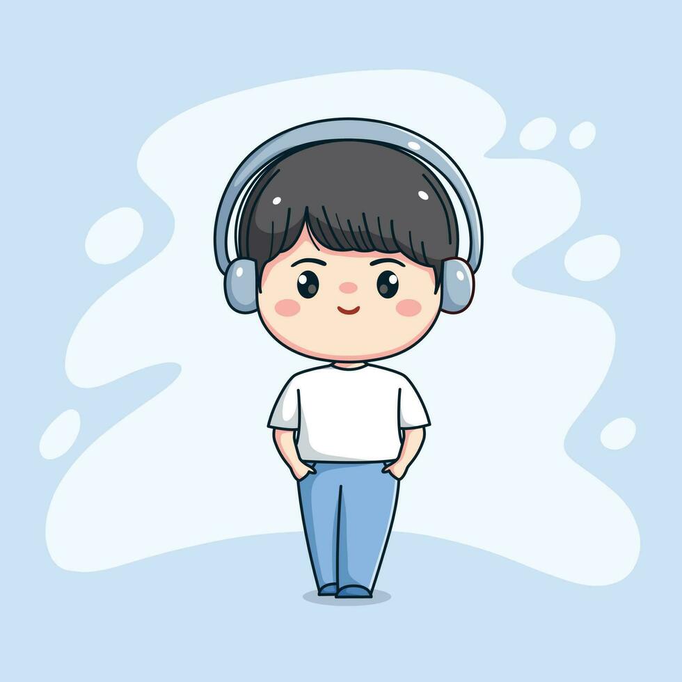 linda contento chico con auricular escuchando música kawaii chibi plano contorno dibujos animados personaje vector